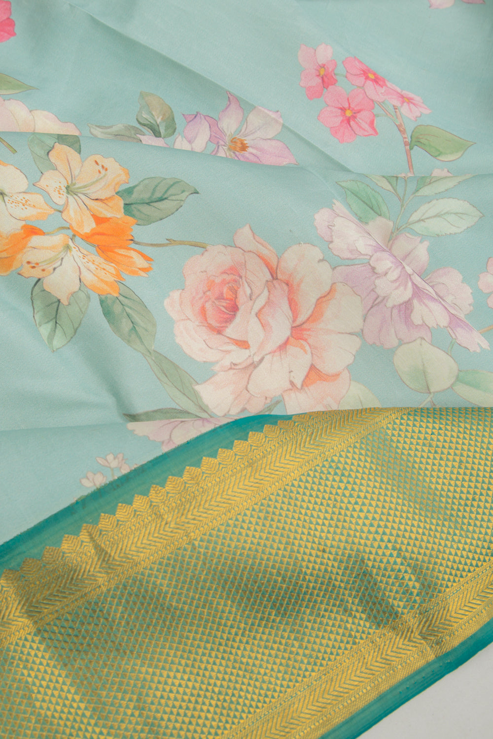 Kanchipuram Silk Floral Printed Pastel Blue Saree