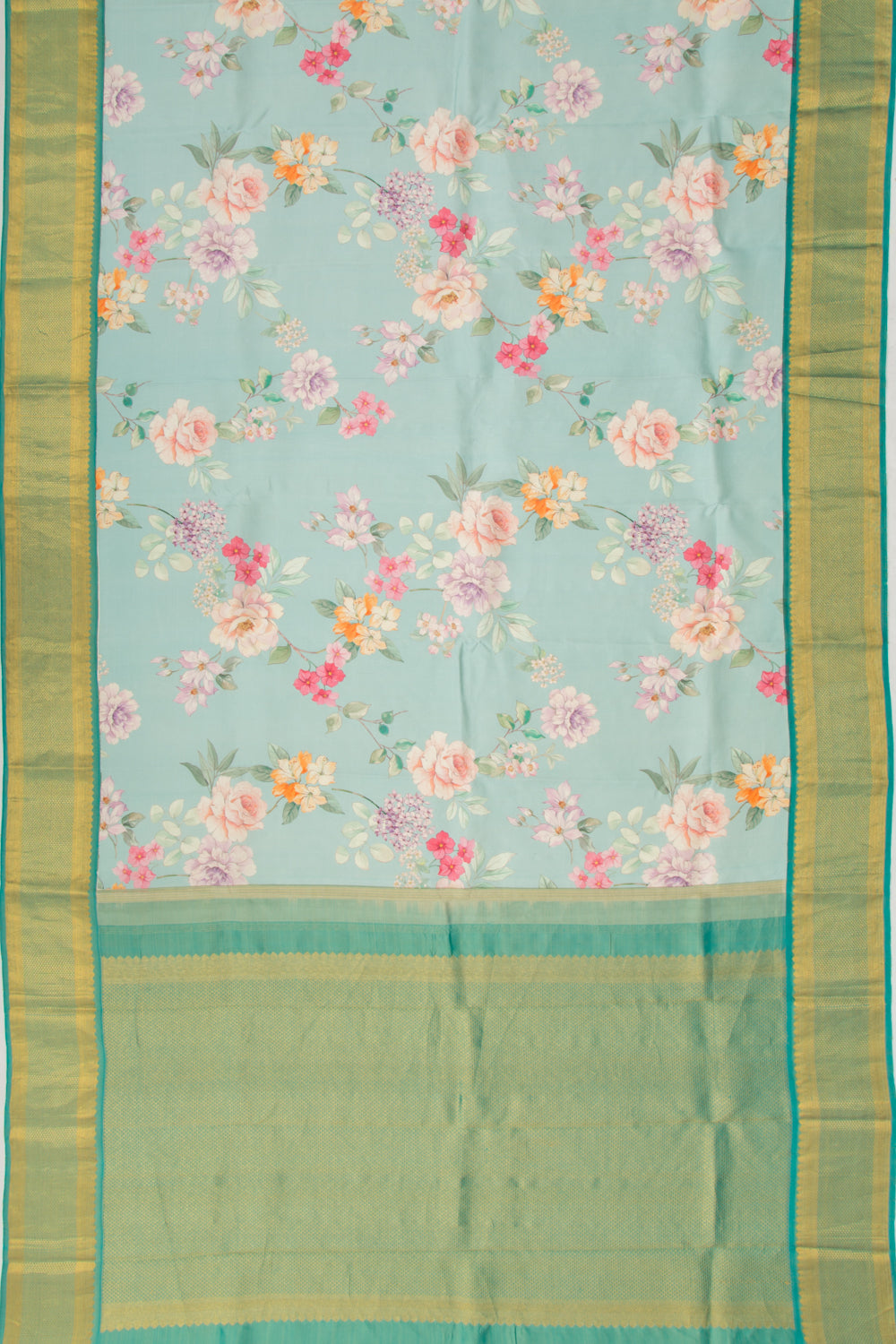 Kanchipuram Silk Floral Printed Pastel Blue Saree