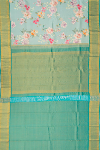 Kanchipuram Silk Floral Printed Pastel Blue Saree