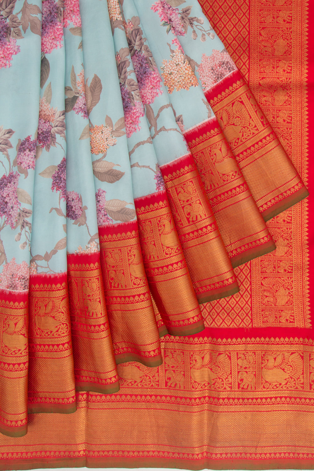 Kanchipuram Silk Floral Printed Pastel Blue Saree