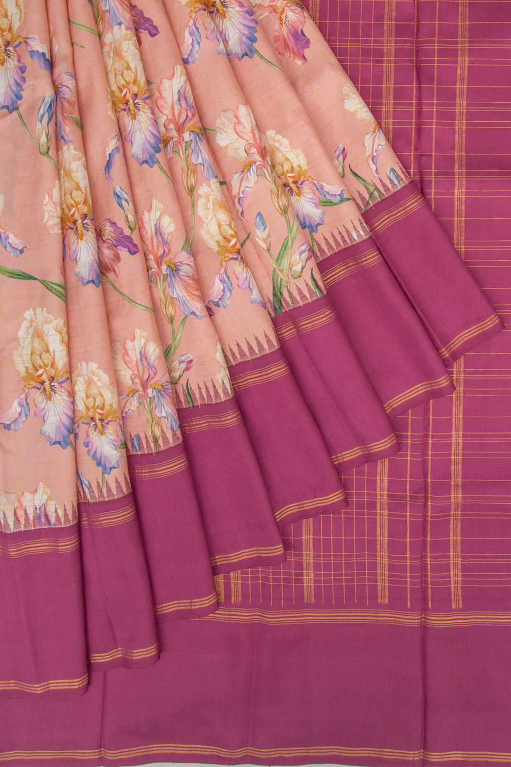 Kanchipuram Silk Floral Printed Peach Saree