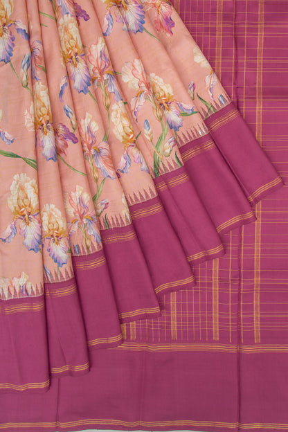 Kanchipuram Silk Floral Printed Peach Saree