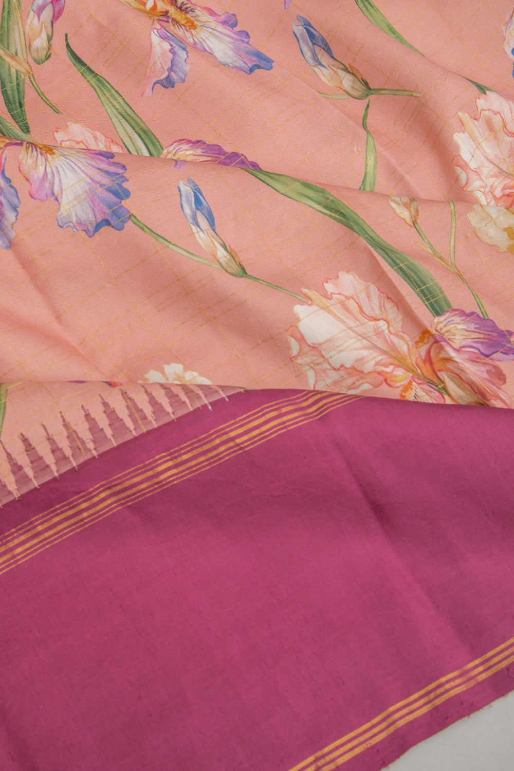 Kanchipuram Silk Floral Printed Peach Saree