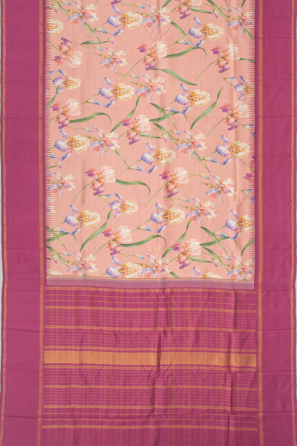 Kanchipuram Silk Floral Printed Peach Saree