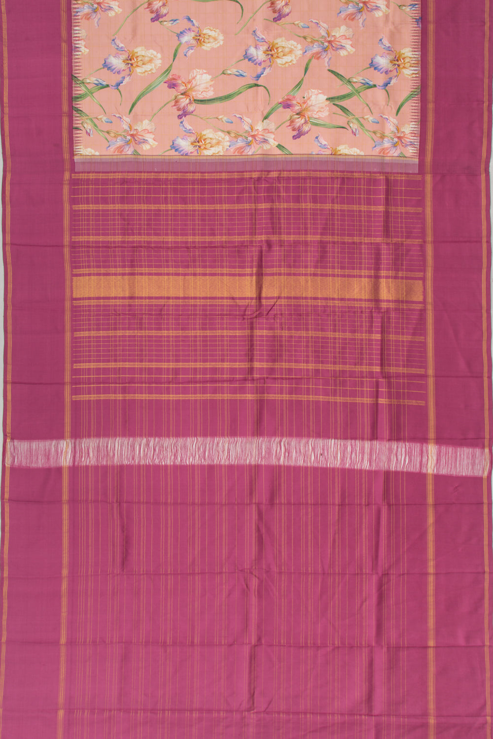 Kanchipuram Silk Floral Printed Peach Saree