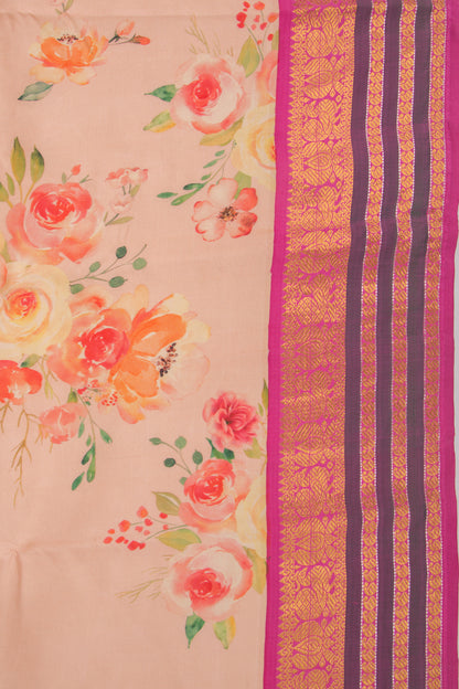 Kanchipuram Silk Floral Printed Cream Saree