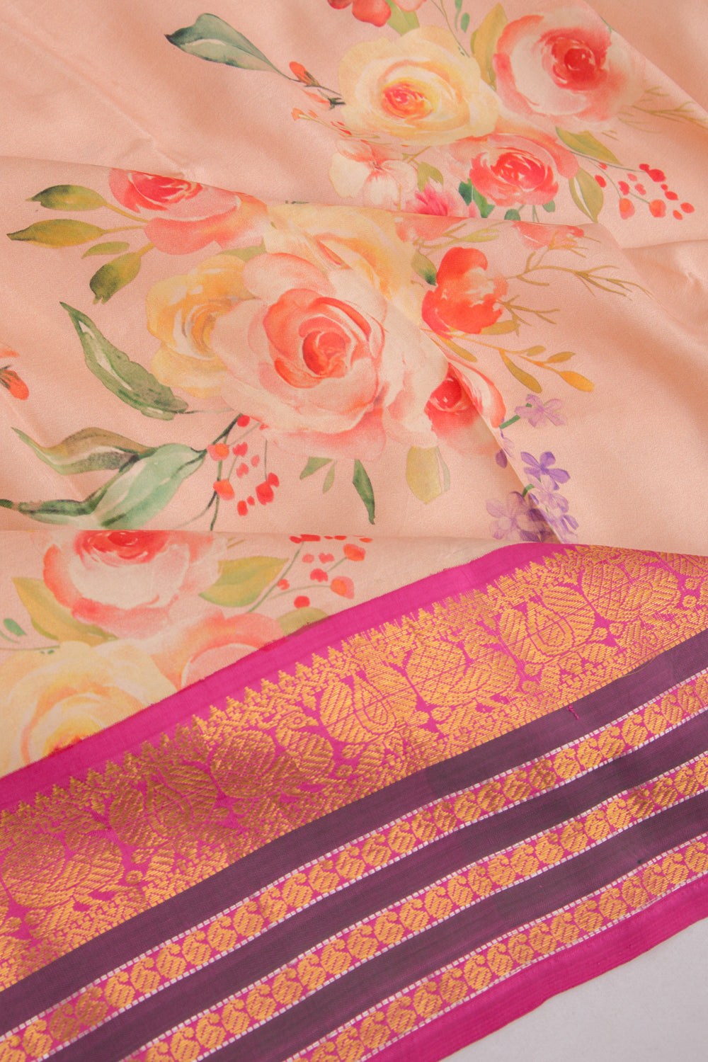 Kanchipuram Silk Floral Printed Cream Saree