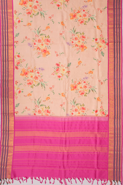 Kanchipuram Silk Floral Printed Cream Saree
