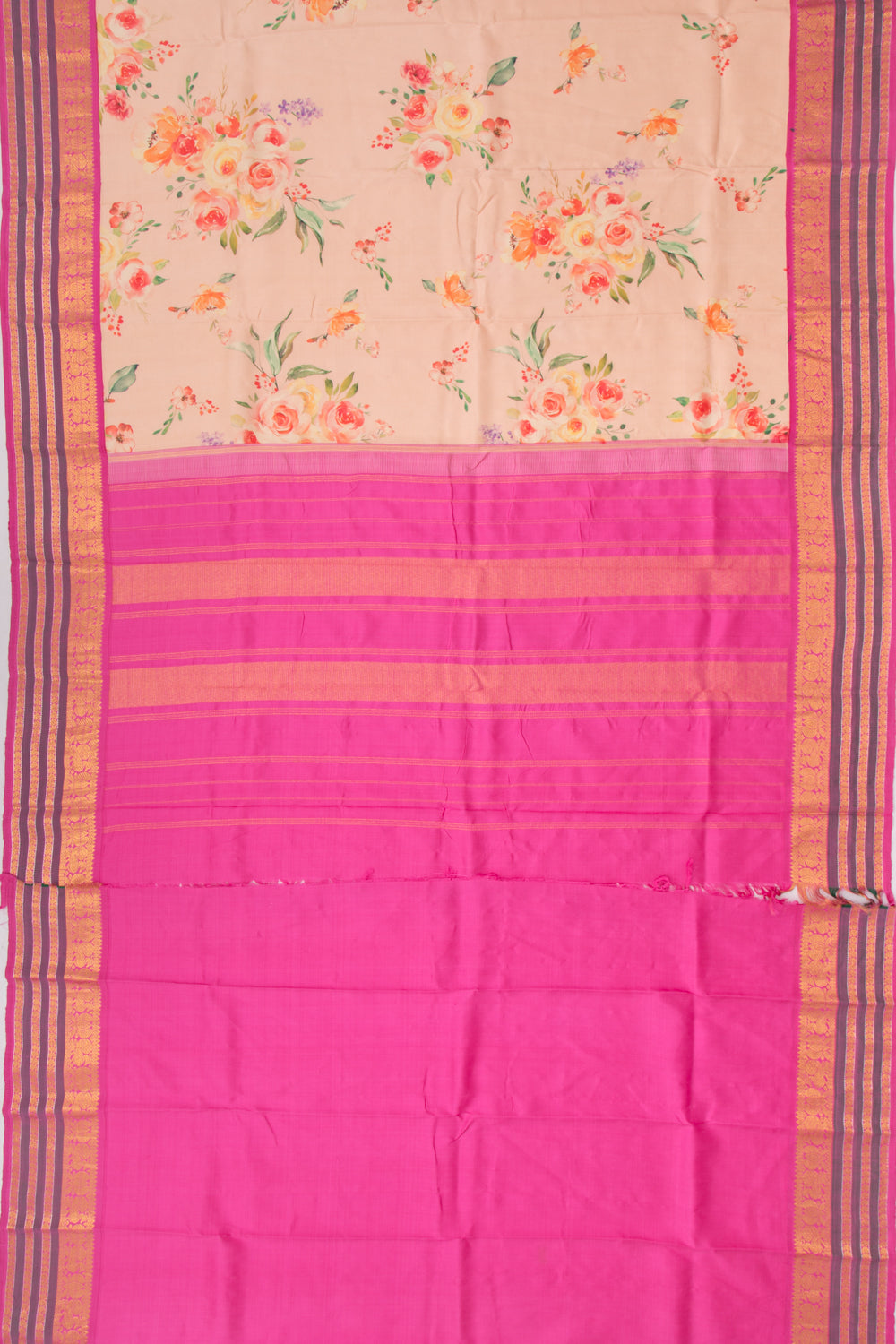 Kanchipuram Silk Floral Printed Cream Saree