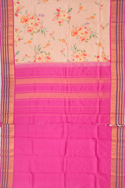 Kanchipuram Silk Floral Printed Cream Saree