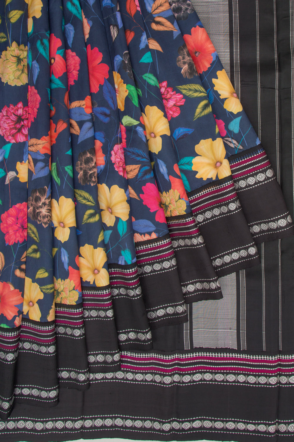 Kanchipuram Silk Floral Printed Dark Blue Saree