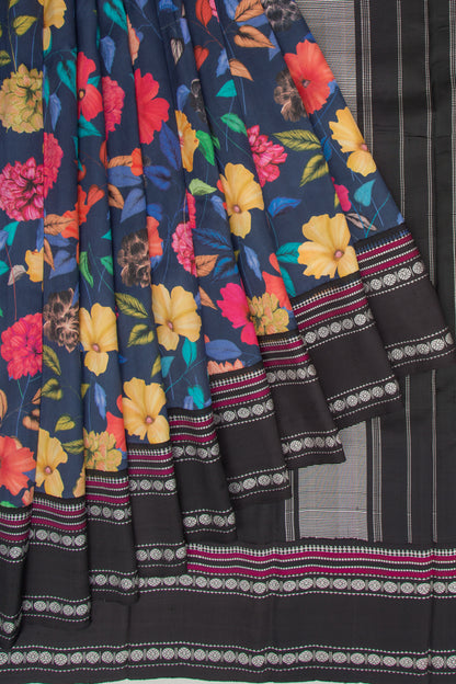 Kanchipuram Silk Floral Printed Dark Blue Saree