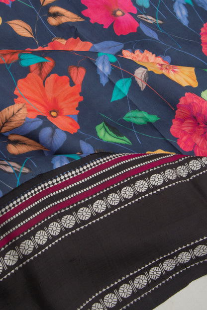 Kanchipuram Silk Floral Printed Dark Blue Saree