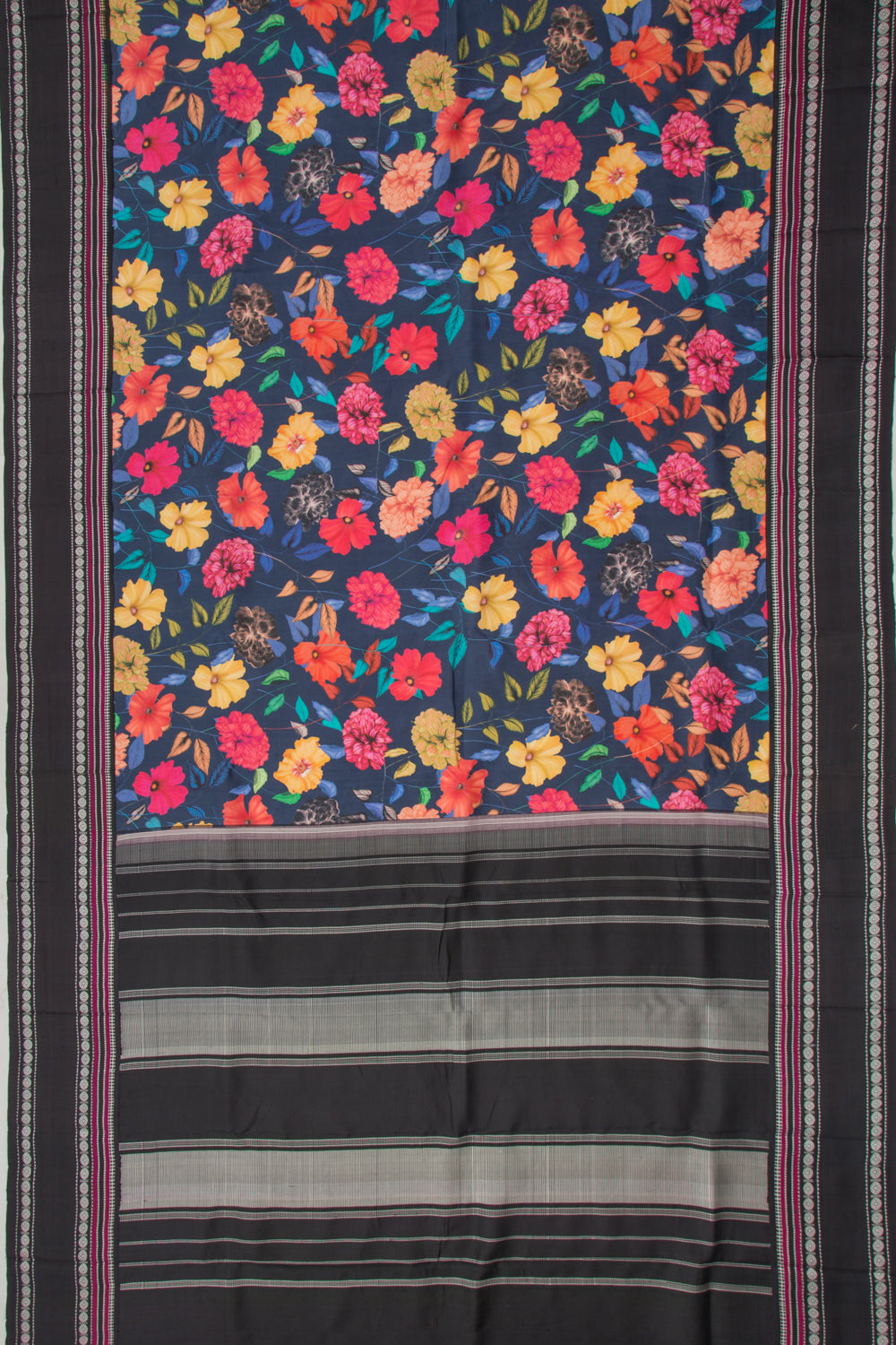 Kanchipuram Silk Floral Printed Dark Blue Saree