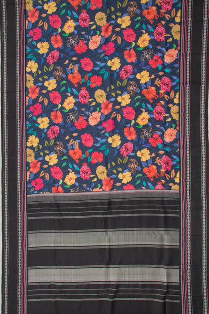 Kanchipuram Silk Floral Printed Dark Blue Saree