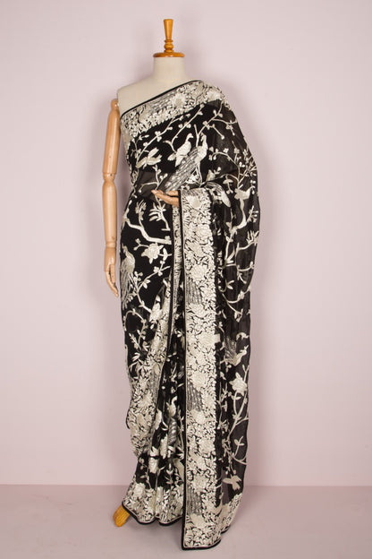 Parsi Gara Georgette Hand Embroidery Black Saree