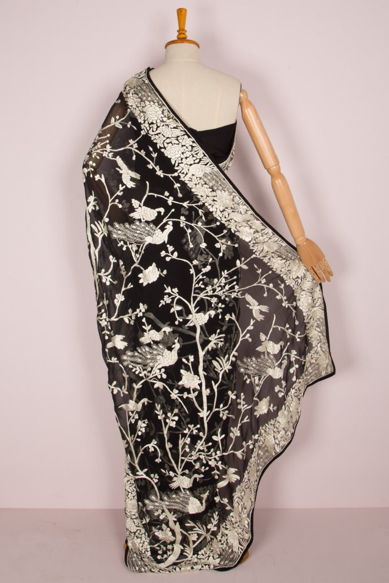 Parsi Gara Georgette Hand Embroidery Black Saree