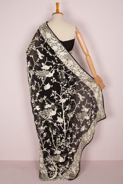 Parsi Gara Georgette Hand Embroidery Black Saree