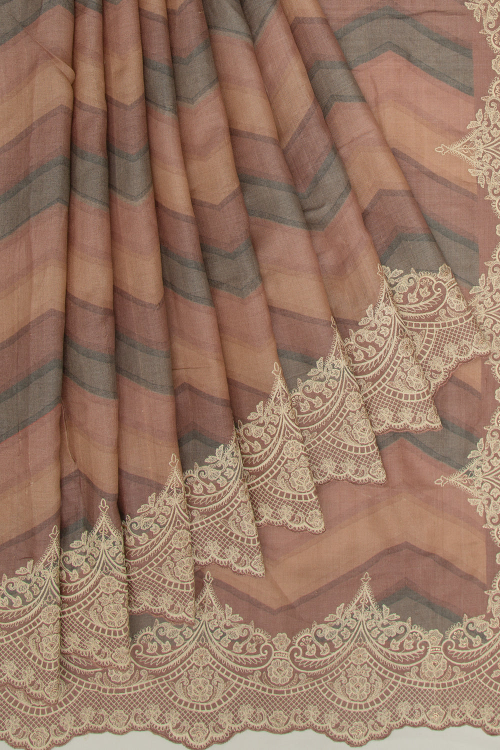 Tussar Zig-Zag Lines Pastel Brown Saree