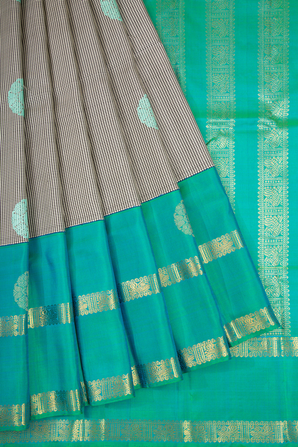 Kanchipuram Silk Checks And Butta White And Black Saree