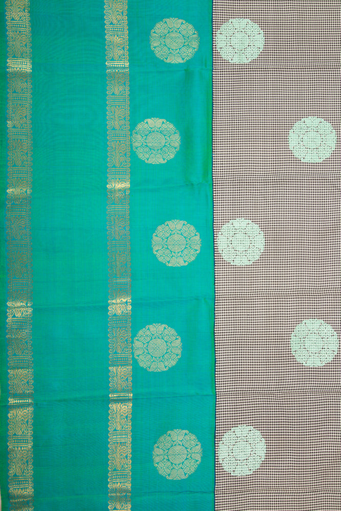 Kanchipuram Silk Checks And Butta White And Black Saree