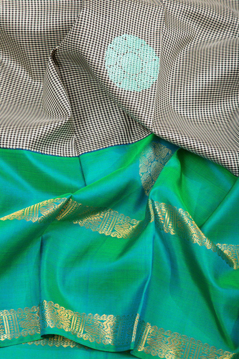 Kanchipuram Silk Checks And Butta White And Black Saree