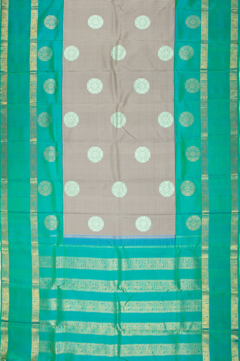 Kanchipuram Silk Checks And Butta White And Black Saree