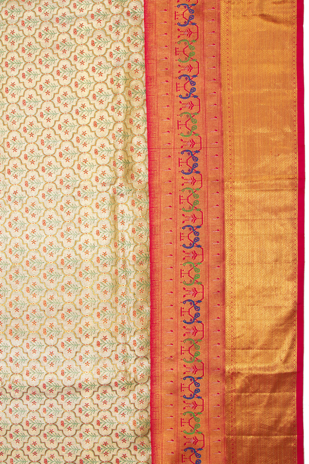 Kanchipuram Silk Tissue Brocade Gold Saree With Paithani Inspired Border