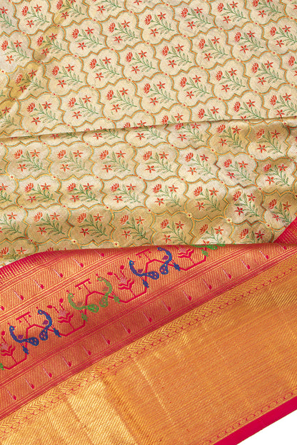 Kanchipuram Silk Tissue Brocade Gold Saree With Paithani Inspired Border