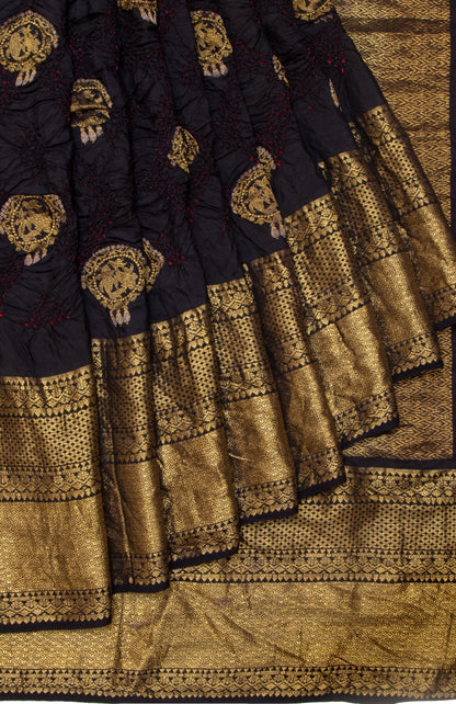 Kanchipuram Silk Bandhani Butta Black Saree