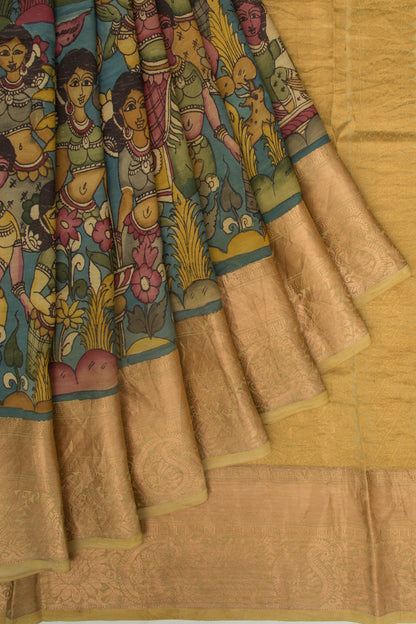 Kanchipuram Silk Kalamkari Blue Saree