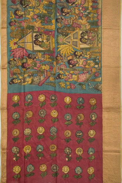 Kanchipuram Silk Kalamkari Blue Saree