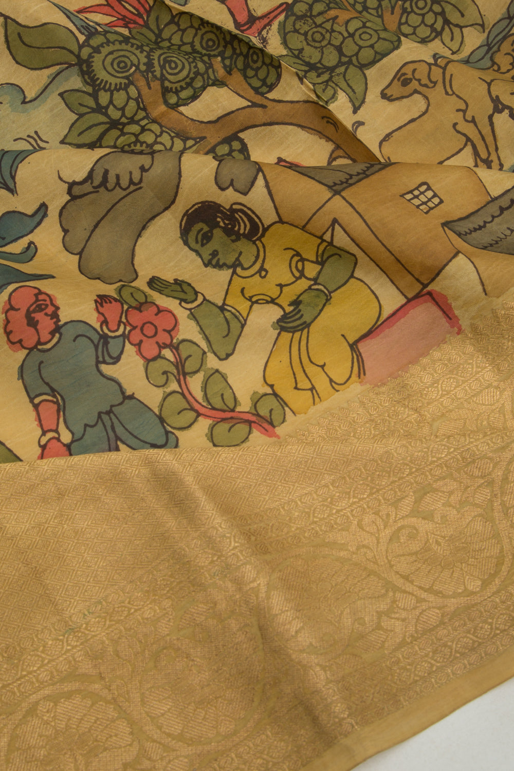 Kanchipuram Silk Kalamkari Yellow Saree