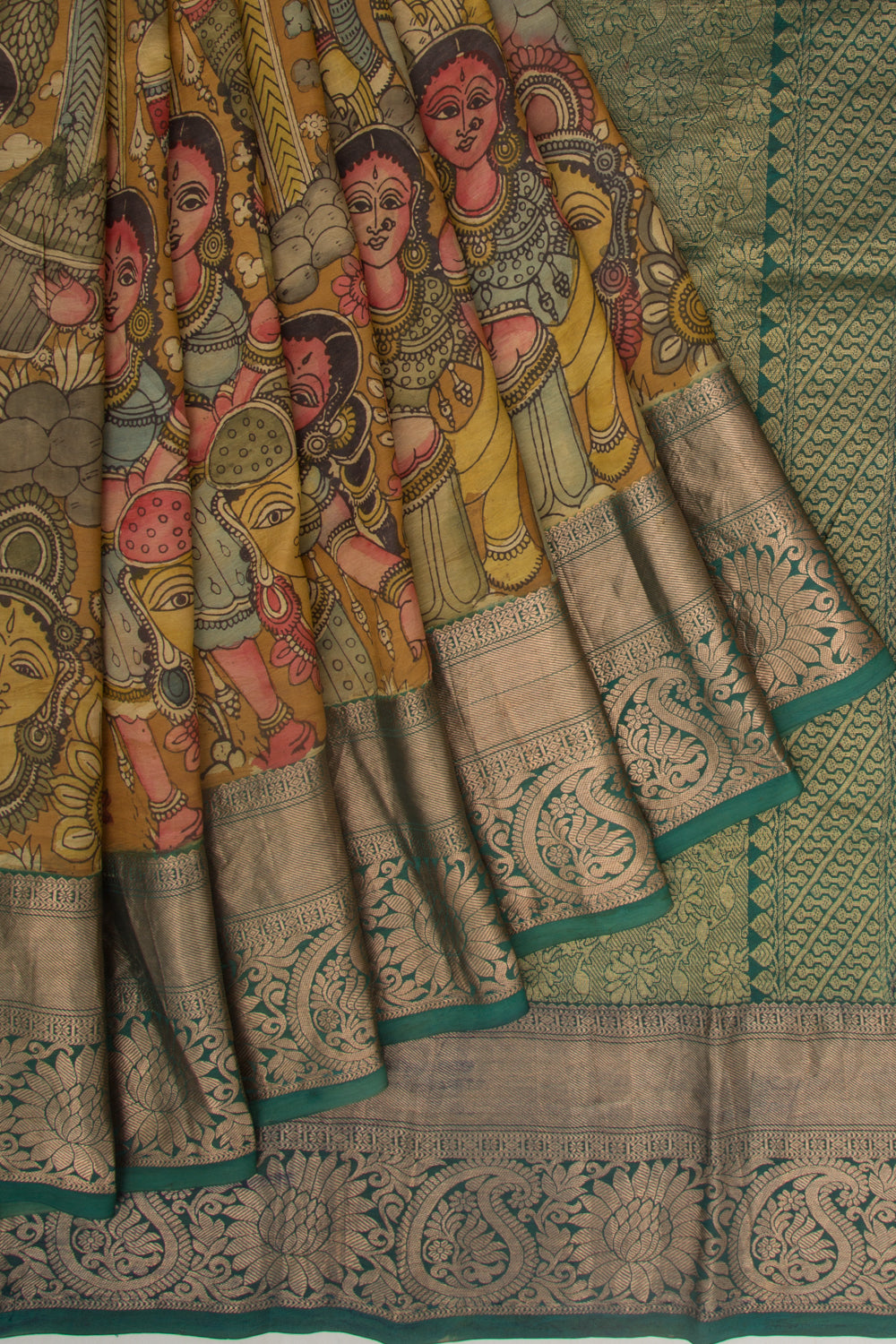 Kanchipuram Silk Kalamkari Mustard Yellow Saree