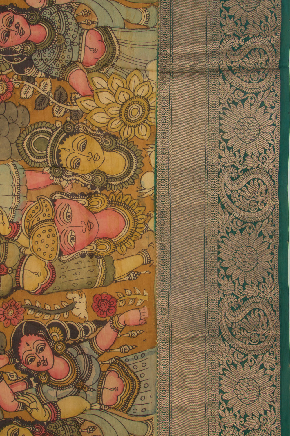 Kanchipuram Silk Kalamkari Mustard Yellow Saree