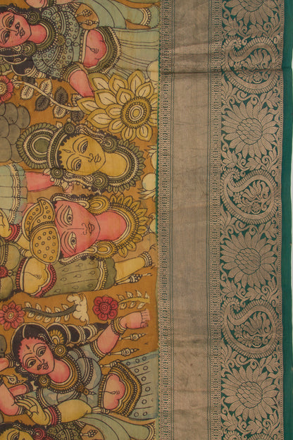 Kanchipuram Silk Kalamkari Mustard Yellow Saree