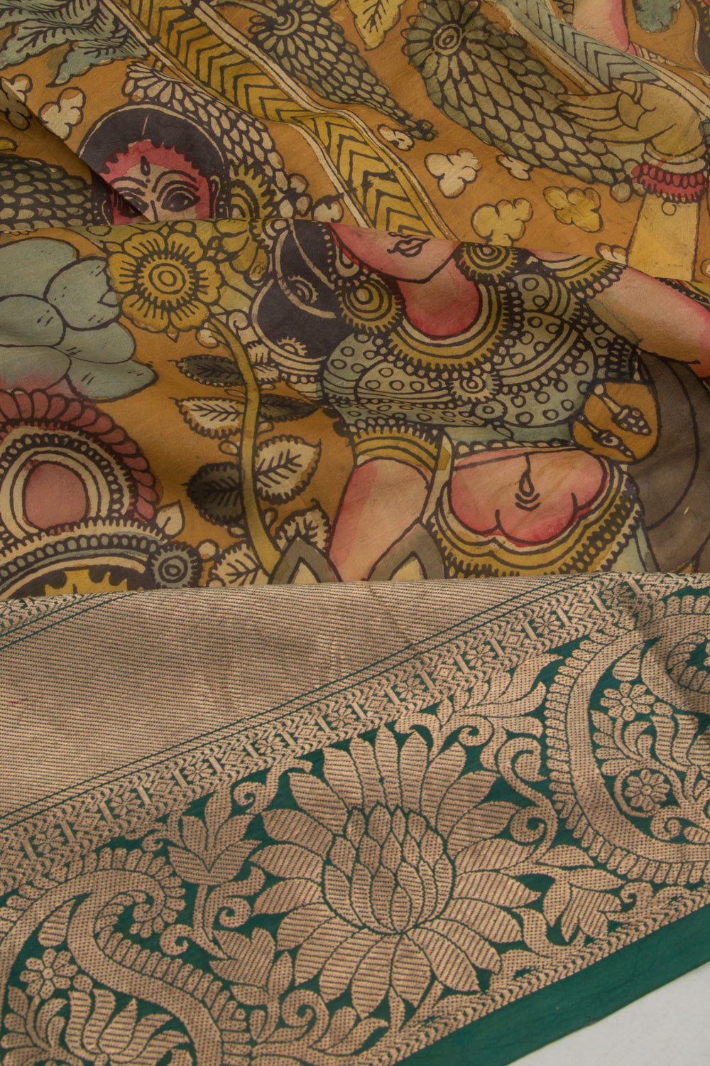 Kanchipuram Silk Kalamkari Mustard Yellow Saree