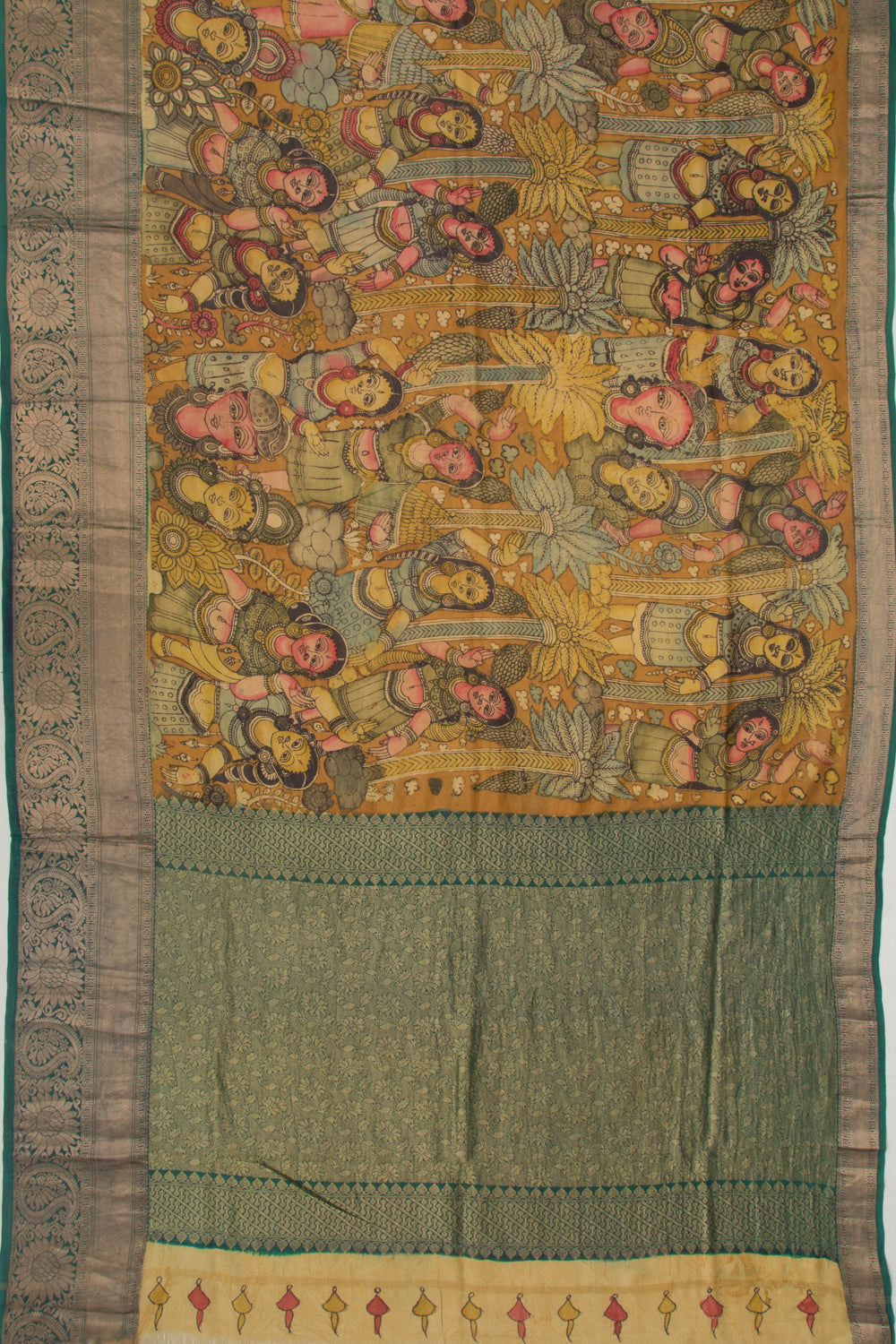 Kanchipuram Silk Kalamkari Mustard Yellow Saree