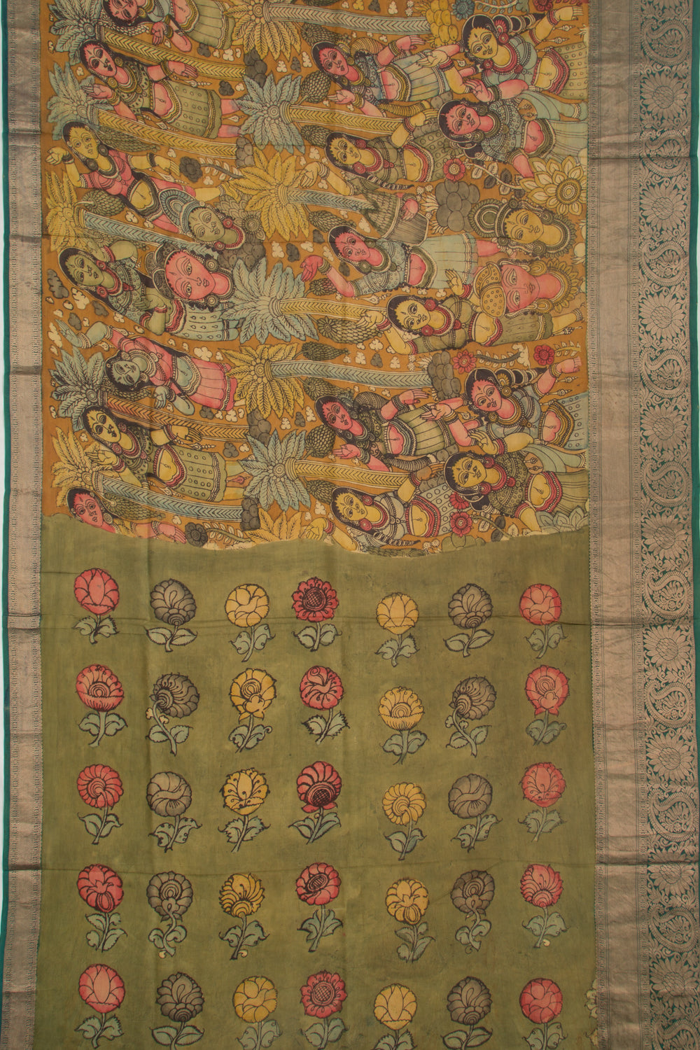 Kanchipuram Silk Kalamkari Mustard Yellow Saree