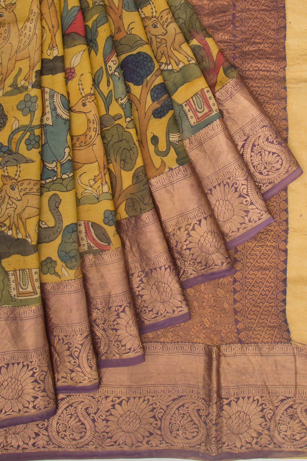Kanchipuram Silk Kalamkari Yellow Saree