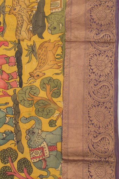 Kanchipuram Silk Kalamkari Yellow Saree