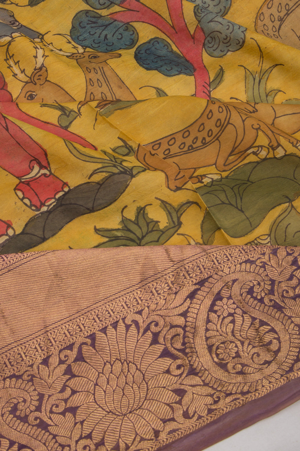 Kanchipuram Silk Kalamkari Yellow Saree
