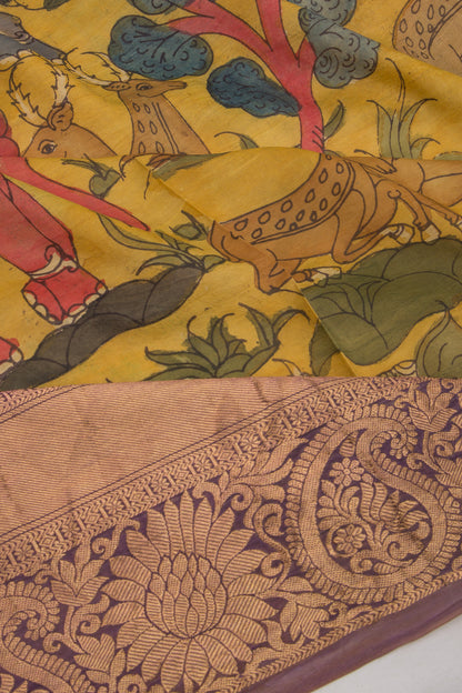 Kanchipuram Silk Kalamkari Yellow Saree