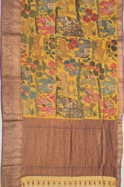 Kanchipuram Silk Kalamkari Yellow Saree