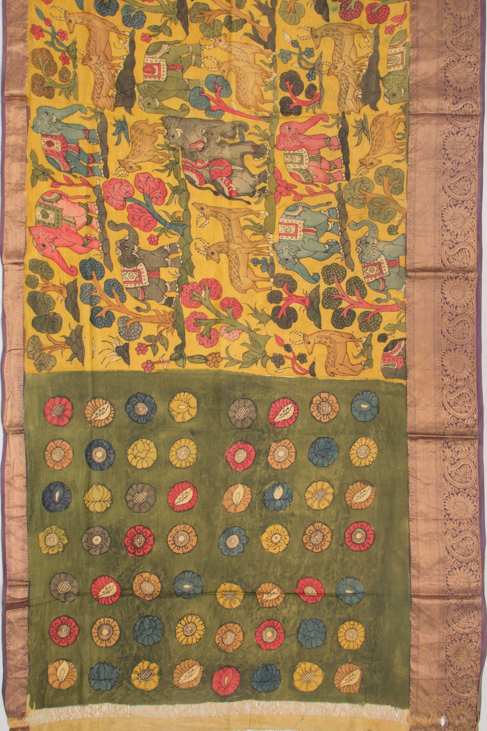 Kanchipuram Silk Kalamkari Yellow Saree
