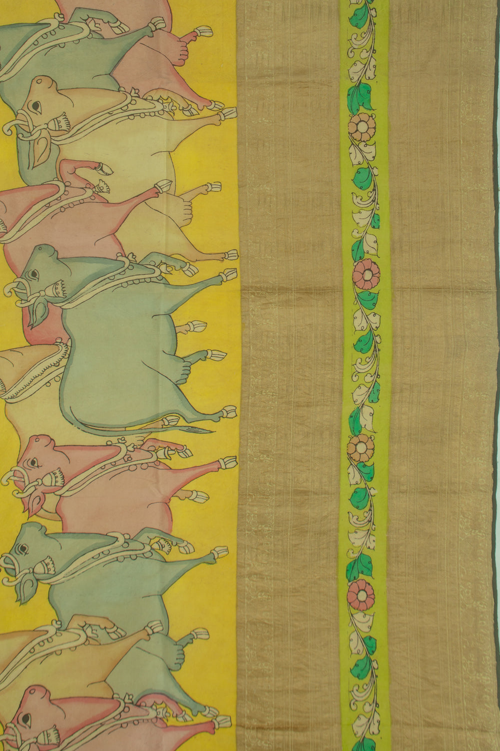 Kanchipuram Silk Kalamkari Yellow Saree