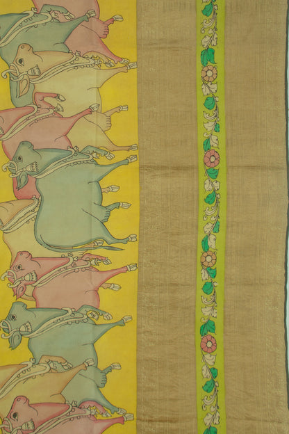 Kanchipuram Silk Kalamkari Yellow Saree