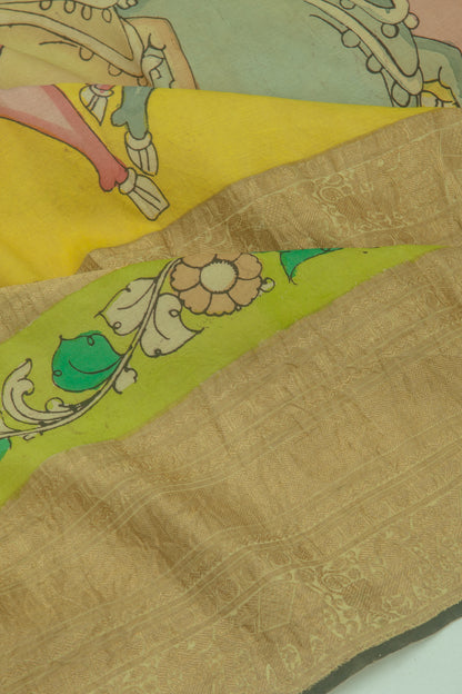 Kanchipuram Silk Kalamkari Yellow Saree