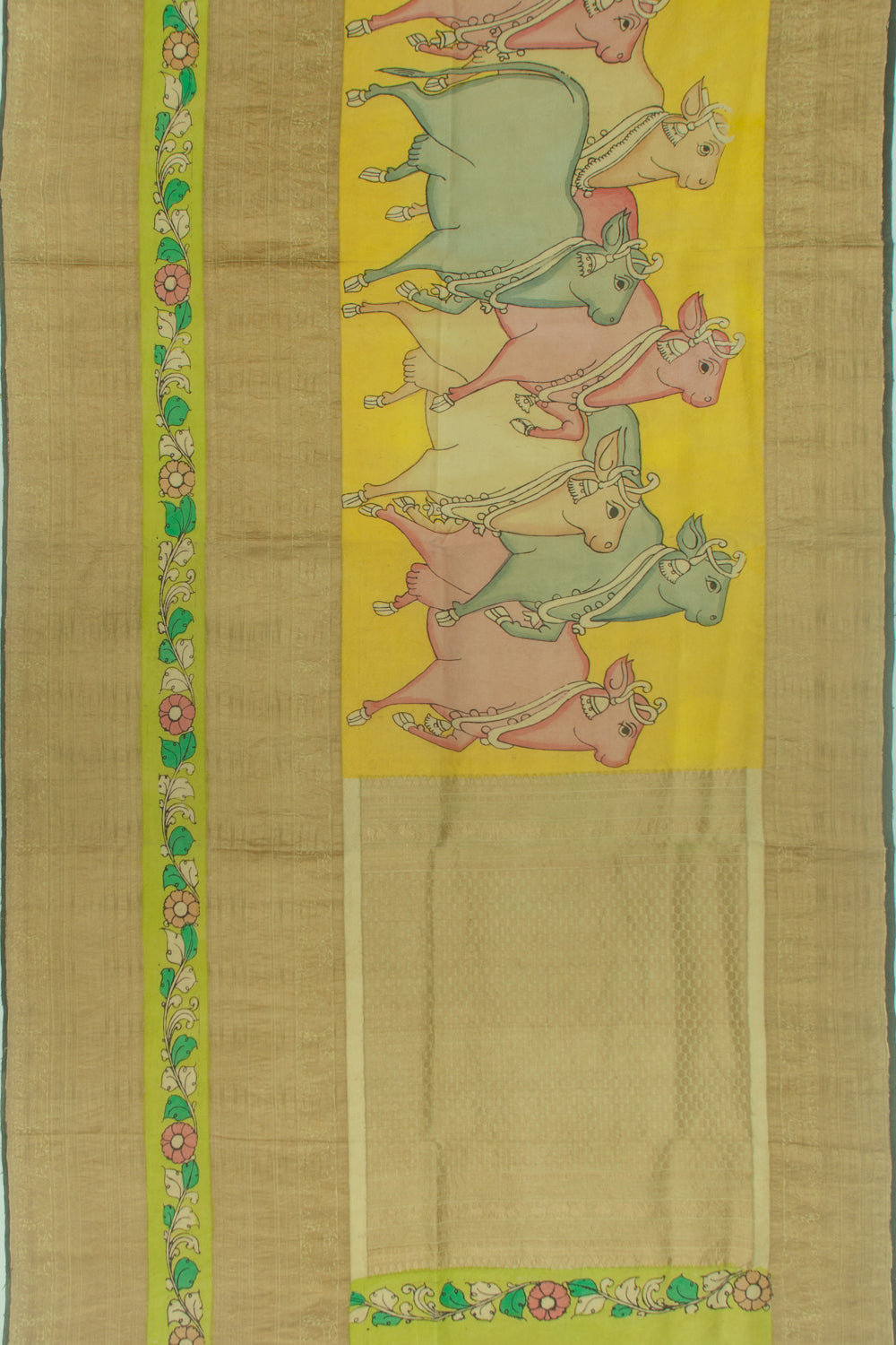 Kanchipuram Silk Kalamkari Yellow Saree