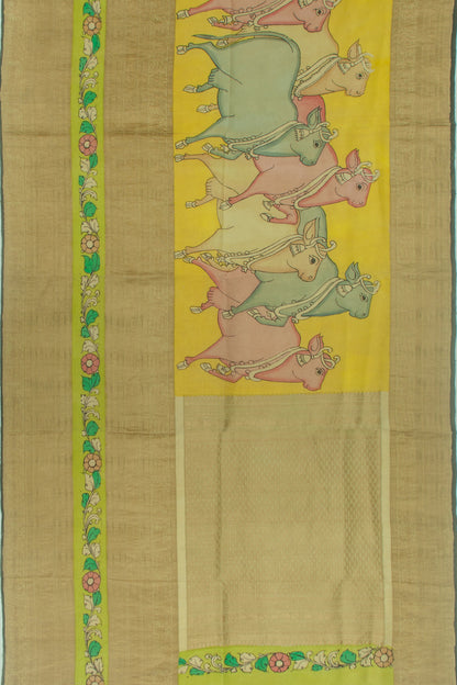 Kanchipuram Silk Kalamkari Yellow Saree